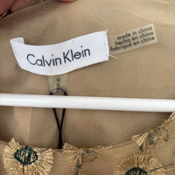 NWT Calvin Klein Embroidered Mesh Top Gold and Peacock Blue Bell Sleeves Size M - Picture 4 of 8